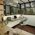 Modern Home Office Interior With Large Windows Writing Desk Green Plant And Natural Light