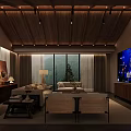 Homestay Guest Room Interior with Wooden Ceiling Large Windows Sofa and TV