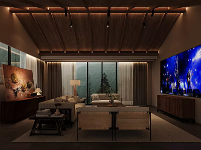 Homestay Guest Room Interior with Wooden Ceiling Large Windows Sofa and TV 3d model