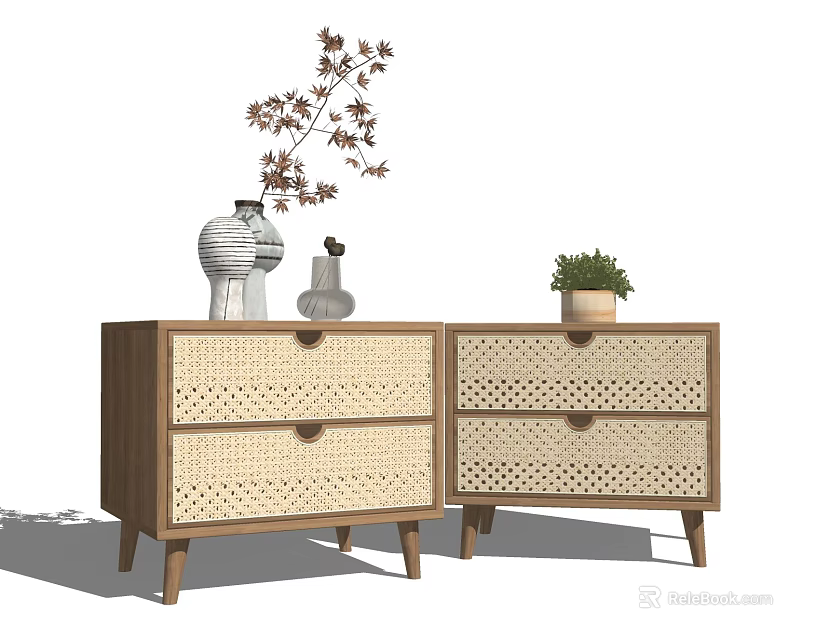 Natural Style Wooden Bedside Tables With Rattan Drawers Decorative Vases And Potted Plant 3d model 