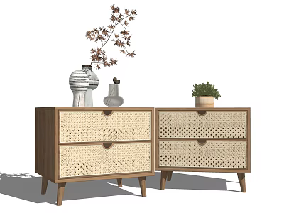 Natural Style Wooden Bedside Tables With Rattan Drawers Decorative Vases And Potted Plant 3d model