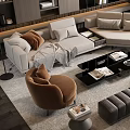 Modern Living Room Sofa Coffee Table Combination With L Shaped Sofa Brown Armchairs And Gray Bench
