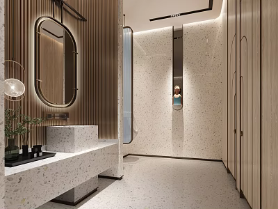 Modern Bathroom Interior With Round Mirror Terrazzo Countertop And Wooden Cabinets 3d model