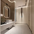 Modern Bathroom Interior With Round Mirror Terrazzo Countertop And Wooden Cabinets