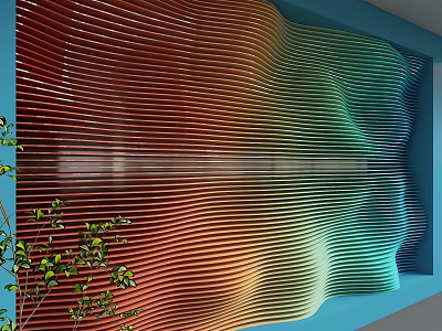 Decorative Accent Wall With Gradient Red Orange Green Blue Wavy Stripes And Green Plants 3d model