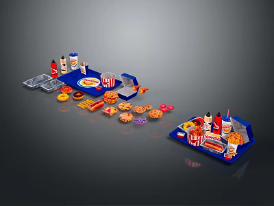 Assorted Fast Food Spread With Hamburgers Fries Drinks And Condiments On Trays 3d model