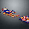 Assorted Fast Food Spread With Hamburgers Fries Drinks And Condiments On Trays