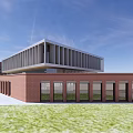 Modern Office Building With Red Brick Exterior Glass Facade And Staircase