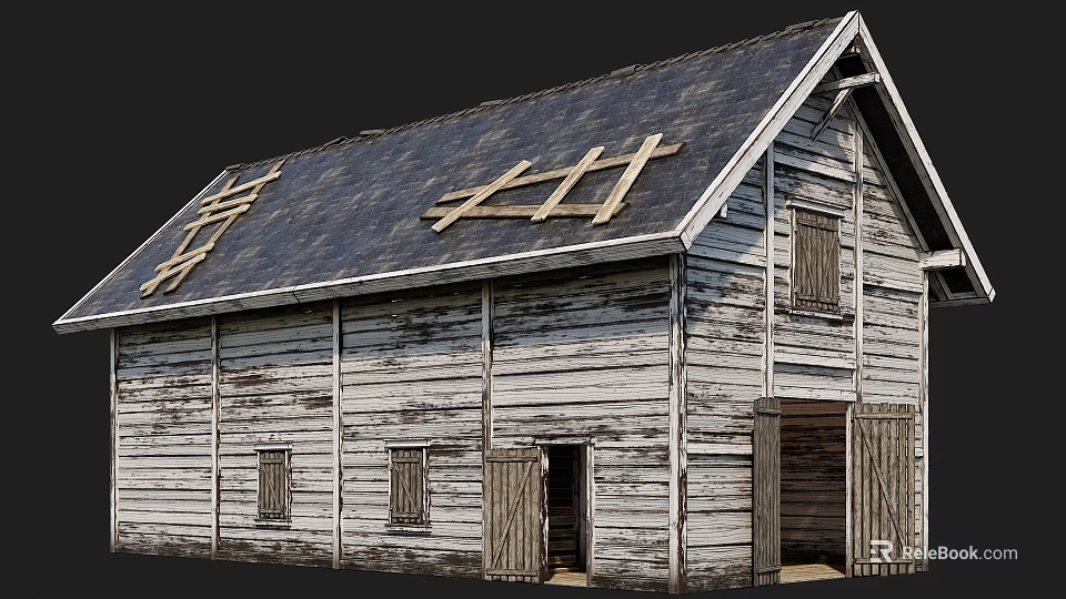 Weathered Rustic Building With Sloped Wooden Roof Weathered Siding Wooden Doors And Windows 3d model 