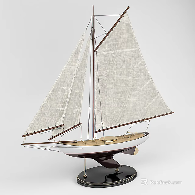 Decorative Sailboat Model Ornament with White Sails Brown Hull and Base Stand 3d model 