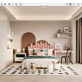 Kids Room Interior With Pink Tufted Headboard Green Bedding Shelves Desk And Patterned Rug