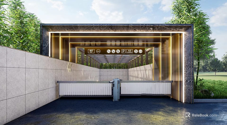Modern Garage Entrance Design With Marble Walls Metal Accents Signage And Greenery 3d model 