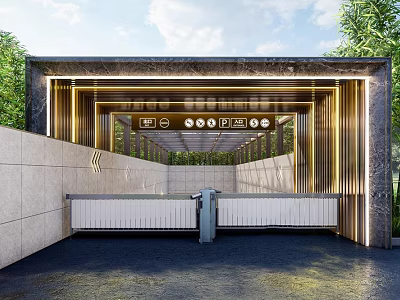 Modern Garage Entrance Design With Marble Walls Metal Accents Signage And Greenery 3d model