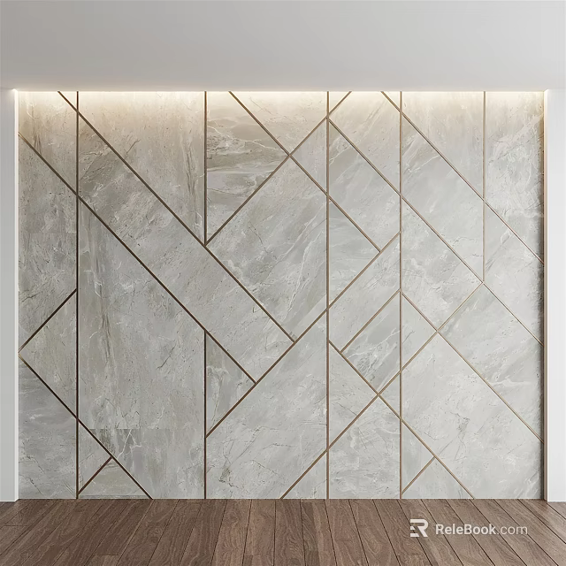 Modern Gray Marble Sofa Background Wall With Geometric Tile Patterns And LED Lighting 3d model