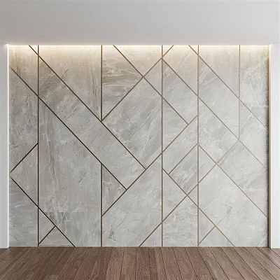 Modern Gray Marble Sofa Background Wall With Geometric Tile Patterns And LED Lighting 3d model