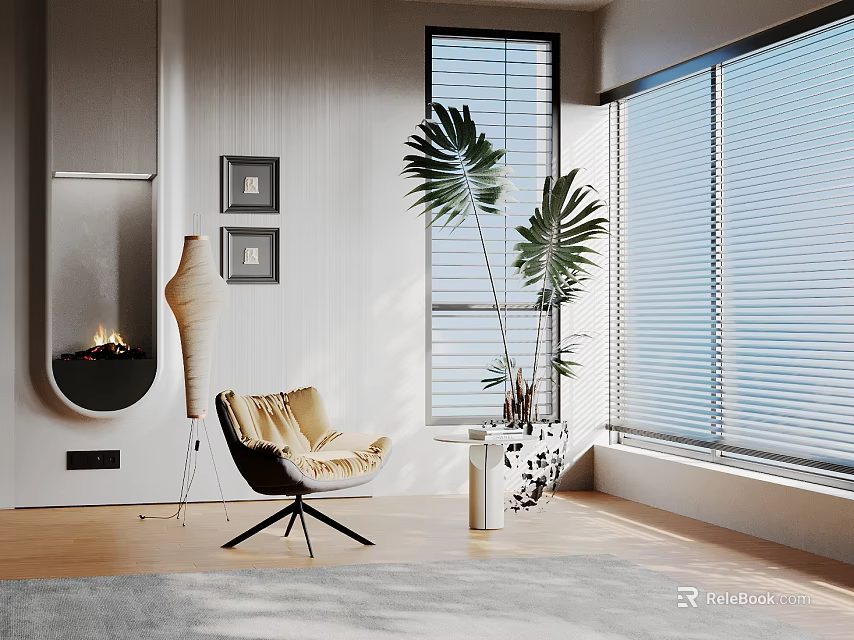 Modern Elegant Living Room Decorative Ornament Set With Sofa Green Plants Wall Art Rug Lamp 3d model 