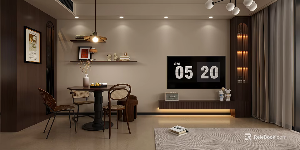 Cozy Vintage Living And Dining Room Interior Design With Soft Ambient Lighting And Chic Furnishings 3d model 