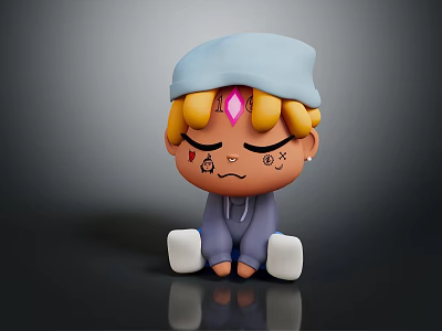 Cartoon Style Game and Movie Character With Blue Hat Blonde Hair Facial Tattoos and Purple Hoodie 3d model
