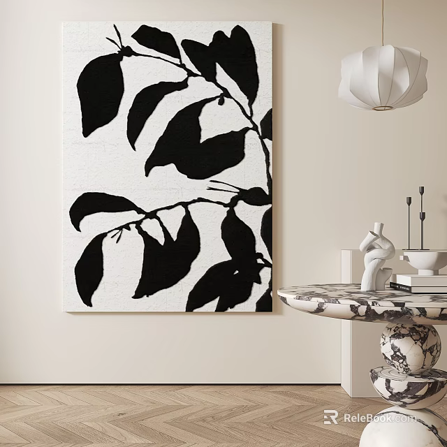Black And White Leaf Pattern Abstract Painting For Modern Home Wall Decor 3d model