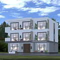 Modern Detached House with Large Glass Windows Balconies Surrounded by Green Plants and Lawn