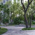 Modern Garden Landscape Design With Lush Trees Circular Green Roof And Stone Pathway