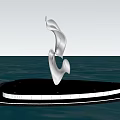 Silver Flowing Ribbon Shaped Sculpture On Black Platform Over Sunset Sea