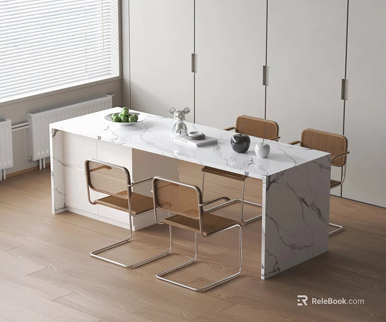 Modern Dining Table Set With Marble Top And Metal Frame Woven Seats 3d model 