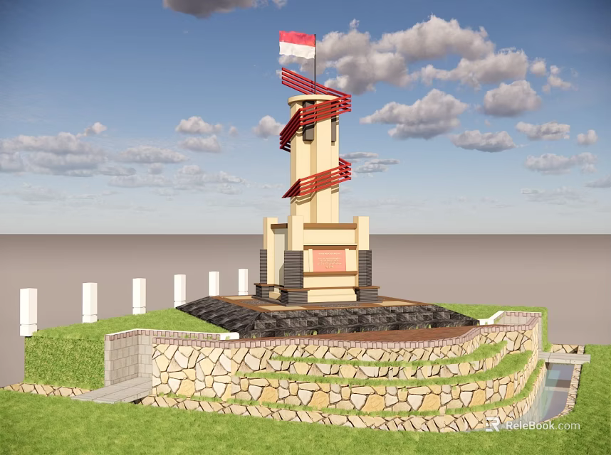 Scenic Monument Landscape Featuring Windmill Structure Stone Wall Grassland Water Stream Under Blue Sky Clouds 3d model 