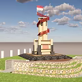 Scenic Monument Landscape Featuring Windmill Structure Stone Wall Grassland Water Stream Under Blue Sky Clouds