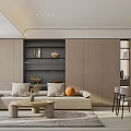 Modern Living Dining Room Interior With Sofa Coffee Table Large Window Abstract Painting And Shelving Unit
