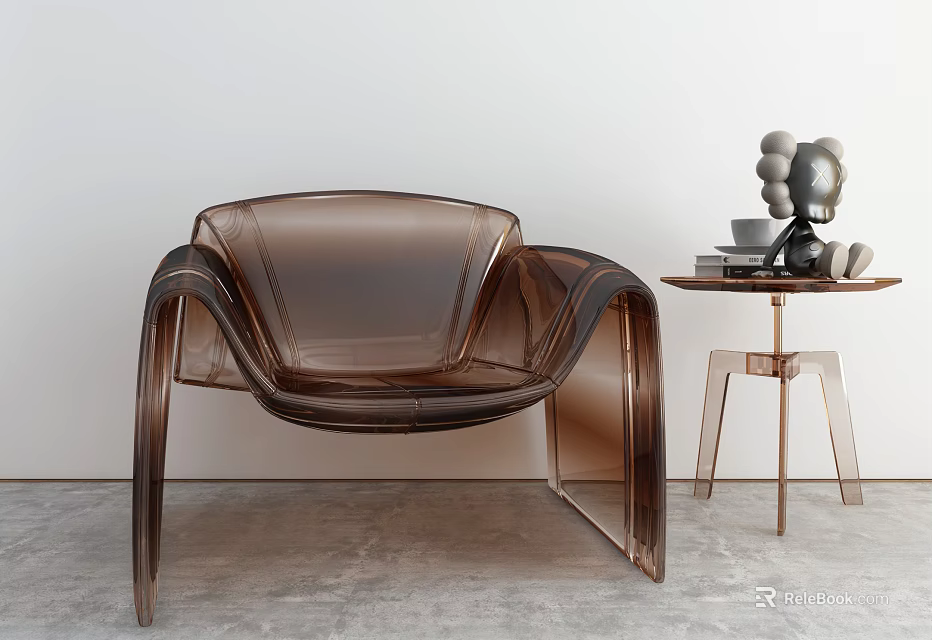 Modern Transparent Brown Accent Chair With Sleek Curved Design And Side Table Decor 3d model 