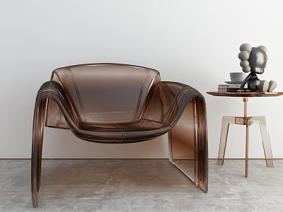 Modern Transparent Brown Accent Chair With Sleek Curved Design And Side Table Decor 3d model