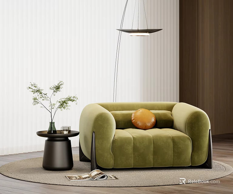 Elegant Green Velvet Single Sofa With Orange Cushion And Side Table On Rug Near Hanging Lamp 3d model 