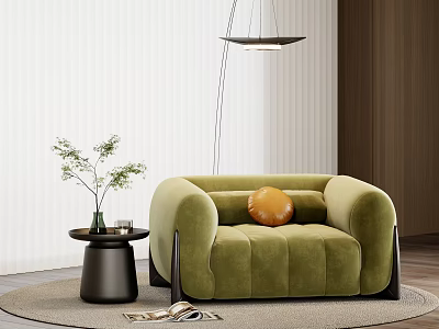 Elegant Green Velvet Single Sofa With Orange Cushion And Side Table On Rug Near Hanging Lamp 3d model