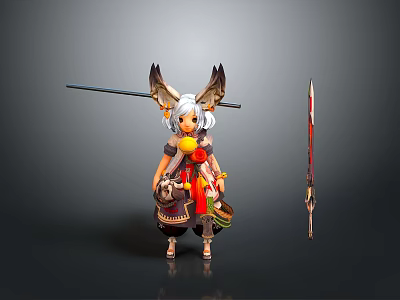 Anime Style 3D Character Model With Fox Ears Tail And Polearm Weapon 3d model