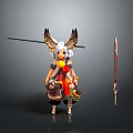 Anime Style 3D Character Model With Fox Ears Tail And Polearm Weapon