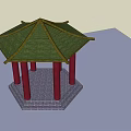 Traditional Pavilion Structure With Green Roof Red Pillars And Stone Base