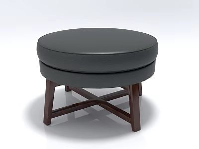 Black Padded Round Stool With Wooden Cross Legs For Modern Home Decor 3d model