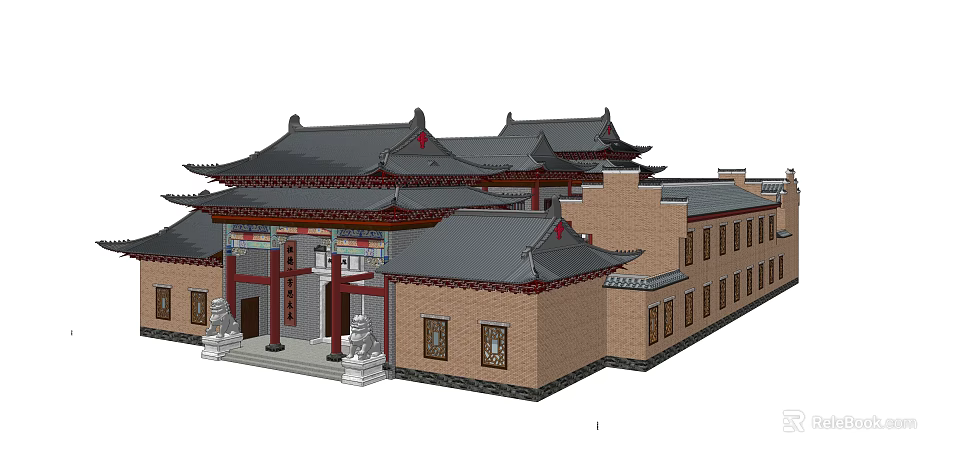 Ancient Chinese Architecture Traditional Design With Upturned Eaves Gray Tiled Roofs And Red Doors 3d model 