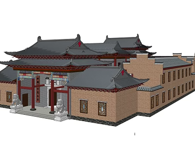 Ancient Chinese Architecture Traditional Design With Upturned Eaves Gray Tiled Roofs And Red Doors 3d model