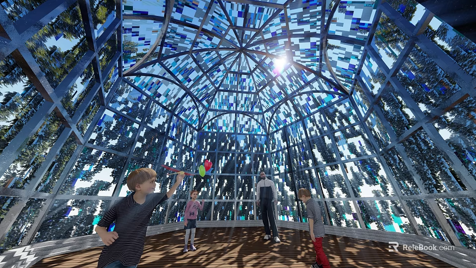 Garden Feature Glass Dome with Blue Glass Sunlight Streaming Through Wooden Floor Children Playing 3d model 