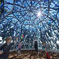 Garden Feature Glass Dome with Blue Glass Sunlight Streaming Through Wooden Floor Children Playing