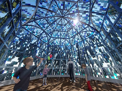 Garden Feature Glass Dome with Blue Glass Sunlight Streaming Through Wooden Floor Children Playing 3d model