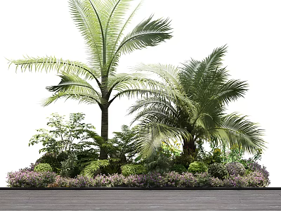 Beautiful Lush Tropical Palm Trees And Green Plants With Purple Flowers On Wooden Floor 3d model