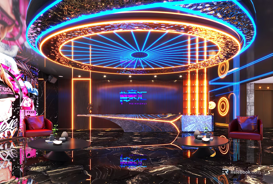 Modern KTV Lounge Interior With Circular Neon Ceiling Marble Flooring And Red Sofas 3d model