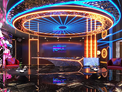Modern KTV Lounge Interior With Circular Neon Ceiling Marble Flooring And Red Sofas 3d model