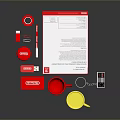 Essential Daily Supplies Including Red Yellow Mugs Red Folders Tape Documents And Remote Control