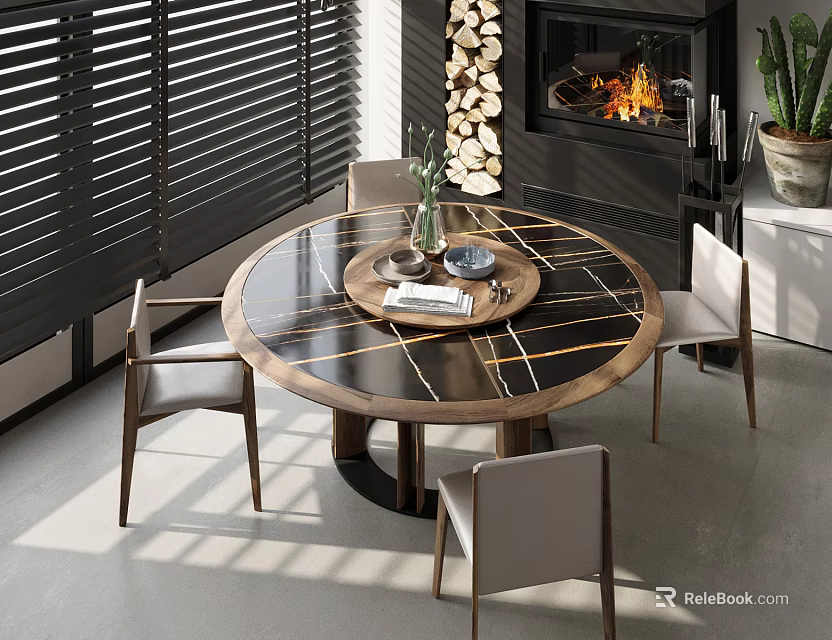 Round Marble Dining Table Set with Four Chairs and Fireplace in Modern Interior 3d model 