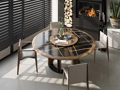 Round Marble Dining Table Set with Four Chairs and Fireplace in Modern Interior 3d model