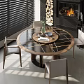 Round Marble Dining Table Set with Four Chairs and Fireplace in Modern Interior